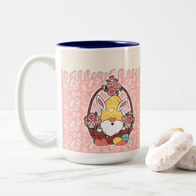 Decorative Easter Bunny Gnome with Floral and Egg Two-Tone Coffee Mug (With Donut)