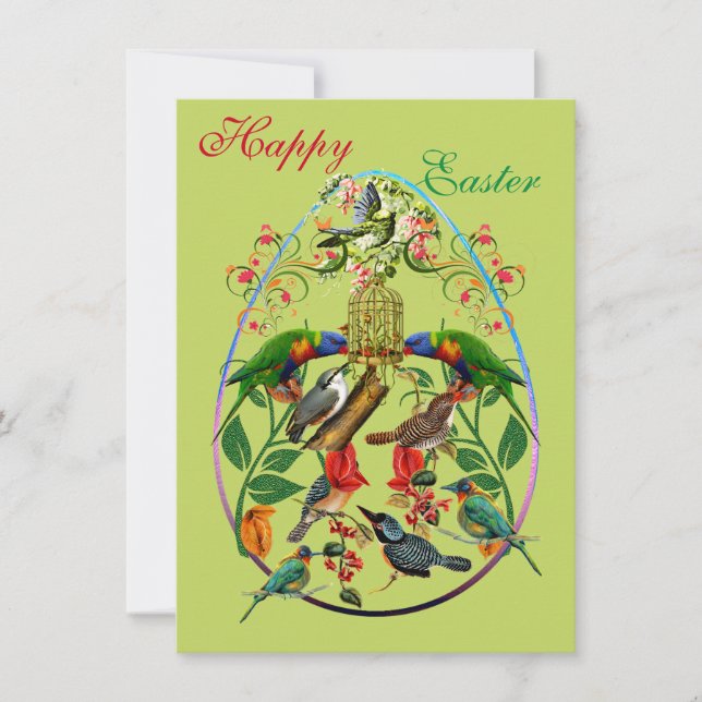 Decorative Egg Happy Easter Spring greenery Birds  Holiday Card (Front)