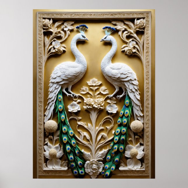 "Decorative Elegance: Plaster Relief with Peacock  Poster (Front)