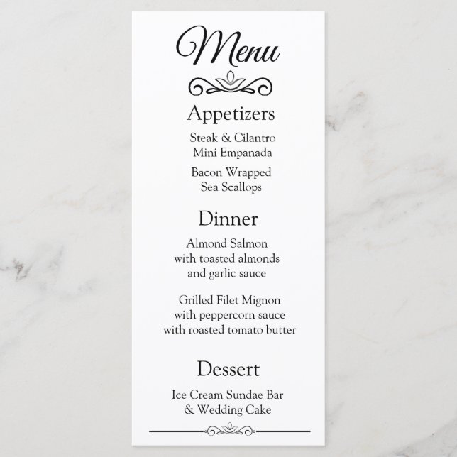 Decorative  Elegant Black White Wedding Menu Card (Front)