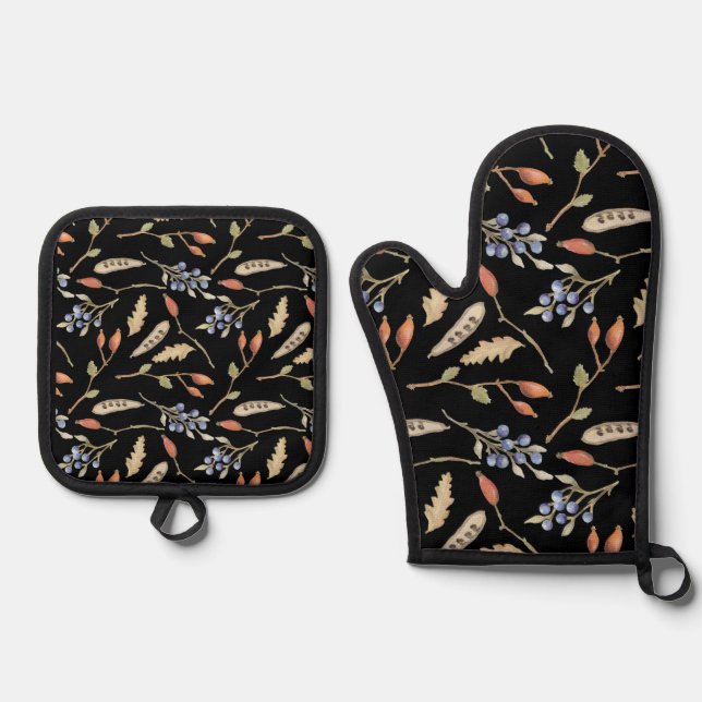 Decorative Fall Themed Pattern Oven Mitt & Pot Holder Set (Front)