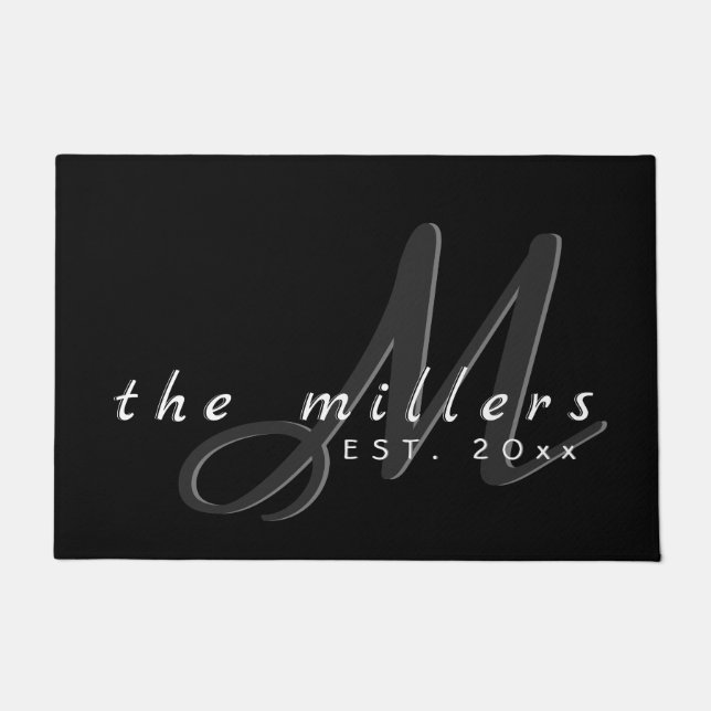 Decorative Family Name & Monogram Script | Black Doormat (Front)