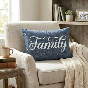 Decorative Family Script Casual Blue Denim Cushion