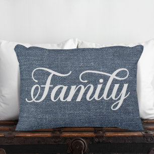 Decorative Family Script Casual Blue Denim Cushion