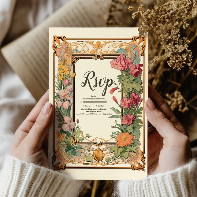 Decorative Floral Art Nouveau Wedding RSVP Card (Creator Uploaded)