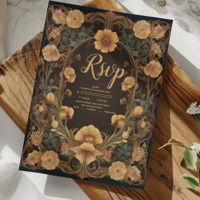 Decorative Floral Art Nouveau Wedding RSVP Card (Creator Uploaded)
