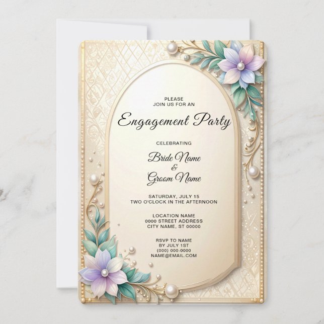 Decorative Floral Frame with Pearls Engagement Invitation (Front)