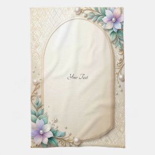 Decorative Floral Frame with Pearls Kitchen Towel