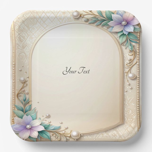 Decorative Floral Frame with Pearls Paper Plate (Front)