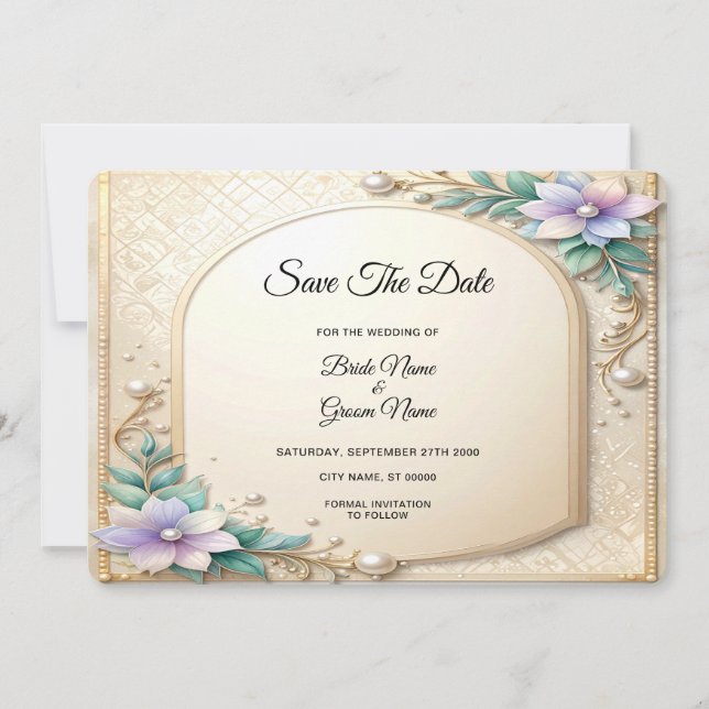 Decorative Floral Frame with Pearls Save The Date (Front)
