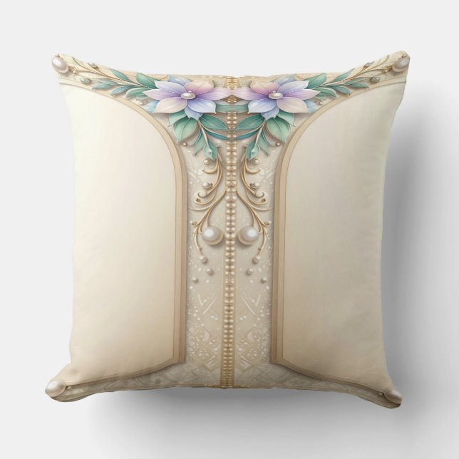 Decorative Floral Frame with Pearls Throw Pillow (Front)