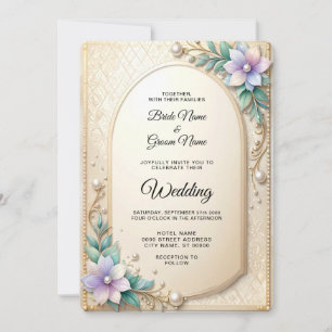 Decorative Floral Frame with Pearls Wedding Invitation