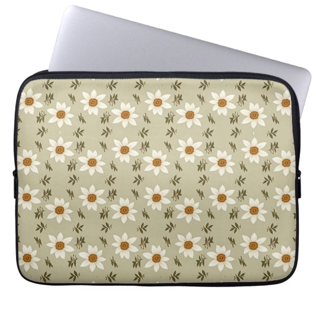 Decorative Floral in White and Beige Laptop Sleeve (Front)