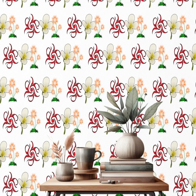 Decorative Floral Motifs Red White Peach Pattern  Wallpaper (Decorative Floral Motifs Red White Peach Pattern Wallpaper)