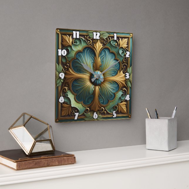 Decorative Floral Panel With Turquoise and Gold Square Wall Clock (Office)