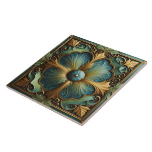 Decorative Floral Panel With Turquoise and Gold Tile