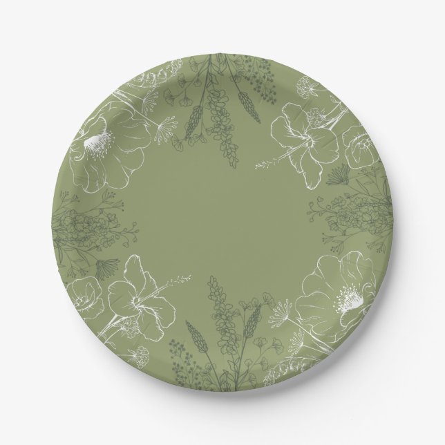 Decorative Floral Sage Paper Plate (Front)