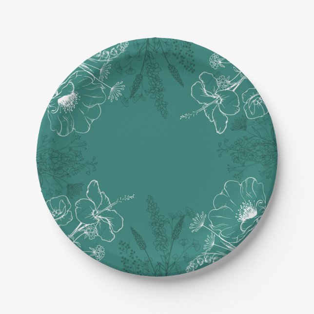 Decorative Floral Teal Paper Plate (Front)