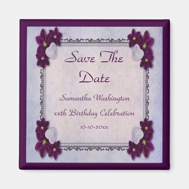 Decorative Flowers & Hearts Birthday Save The Date Magnet (Front)