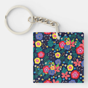 Decorative Flowers Leaves Black Background Key Ring