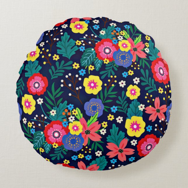 Decorative Flowers Leaves Black Background Round Cushion (Front)