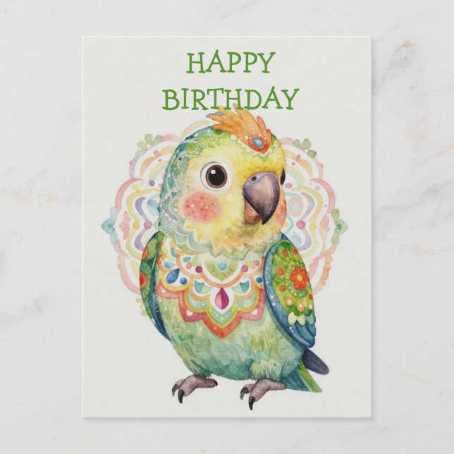 Decorative Folk‑Art Parrot Illustration  Postcard (Front)