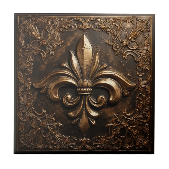 Decorative French Metallic Gold Fleur de Lis Tile (Front)