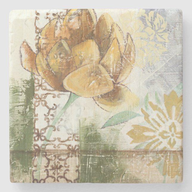 Decorative Fresco Design with Globe Flower Stone Coaster (Front)
