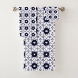 Decorative geometric star patterned in dark bath towel set