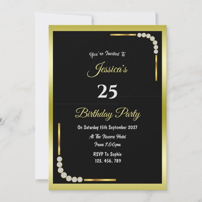 Decorative Gold & 7 Diamonds Birthday Invitation (Front)