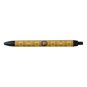 Decorative Gold and Brown Damask Pattern Black Ink Pen