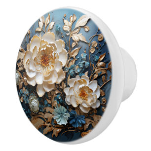 Decorative gold and teal blue floral design ceramic knob