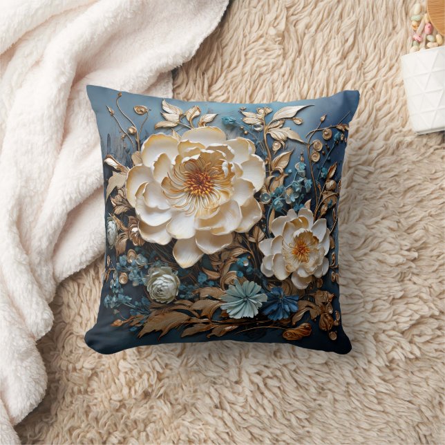 Decorative gold and teal blue floral design cushion (Blanket)