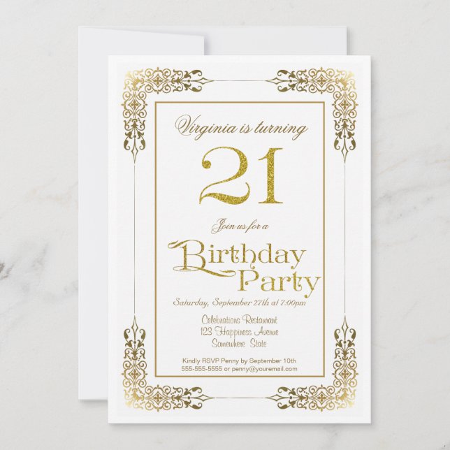 Decorative Gold Border 21st Birthday Party Invitation (Front)