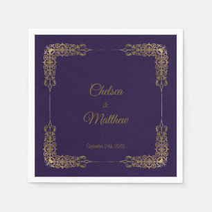 Decorative Gold Border Purple Wedding Napkins