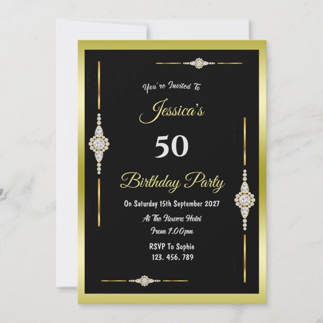 Decorative Gold & Diamonds Symmetrical Birthday Invitation (Front)