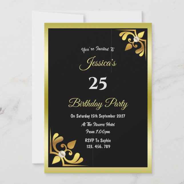 Decorative Gold & Pearls Birthday Invitation (Front)