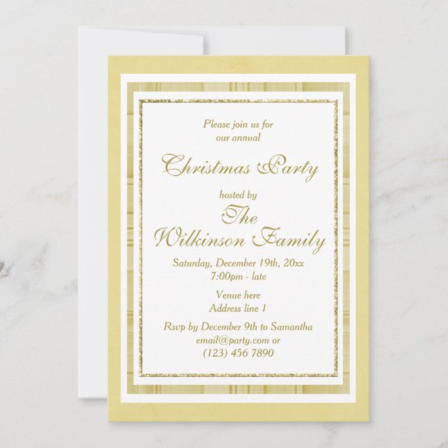 Decorative Gold Plaid & Glitter Christmas Party Invitation (Front)