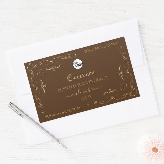 Decorative Gold Scrollwork Corners on Brown Logo Rectangular Sticker (Envelope)