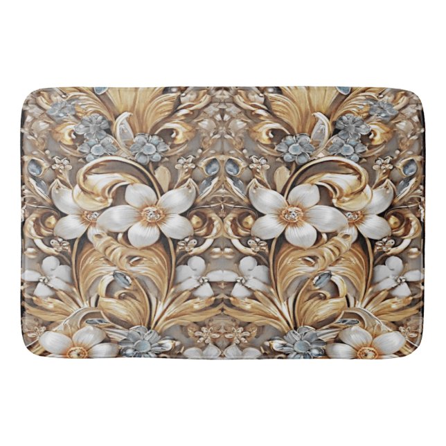 Decorative Gold White Floral Bath Mat (Front)