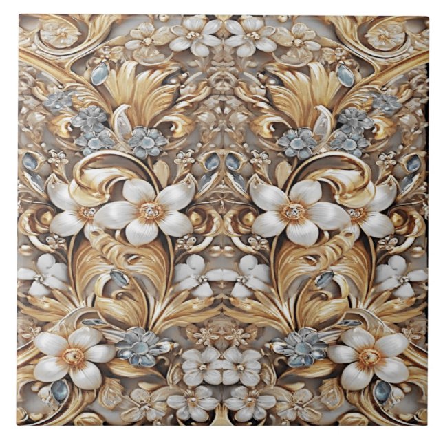 Decorative Gold White Floral Ceramic Tile (Front)