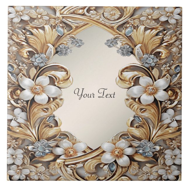 Decorative Gold White Floral Ceramic Tile (Front)