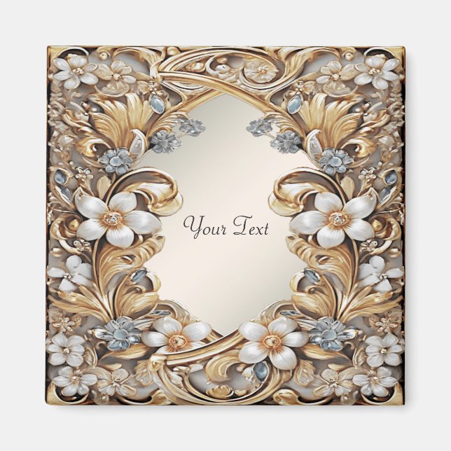 Decorative Gold White Floral Magnet (Front)