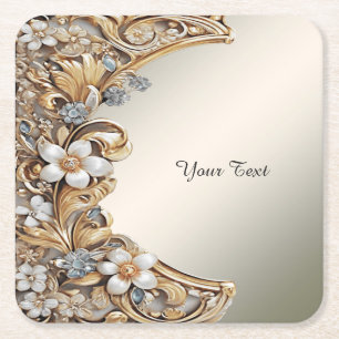 Decorative Gold White Floral Paper Coaster
