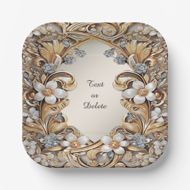 Decorative Gold White Floral Paper Plate (Front)