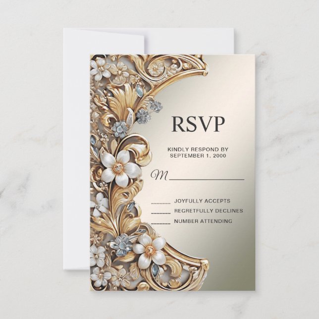 Decorative Gold White Floral RSVP Card (Front)