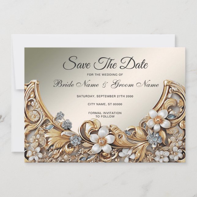 Decorative Gold White Floral Save The Date (Front)