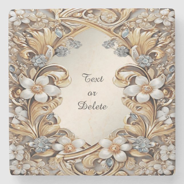 Decorative Gold White Floral Stone Coaster (Front)