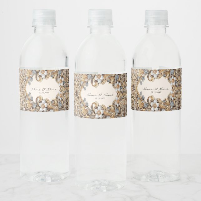 Decorative Gold White Floral Water Bottle Label (Bottles)