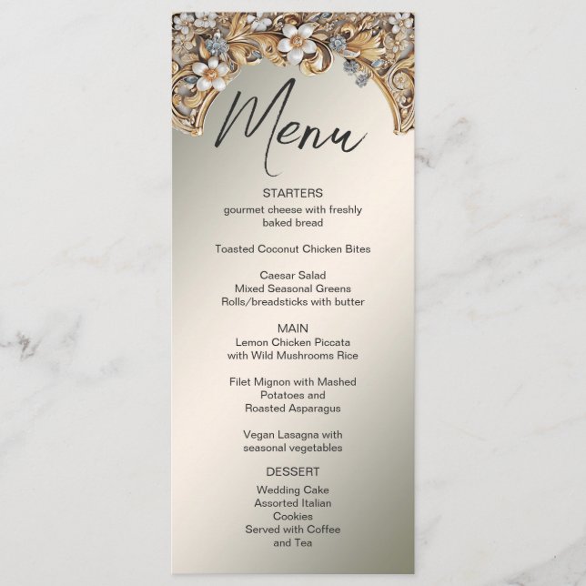Decorative Gold White Floral Wedding Menu (Front)